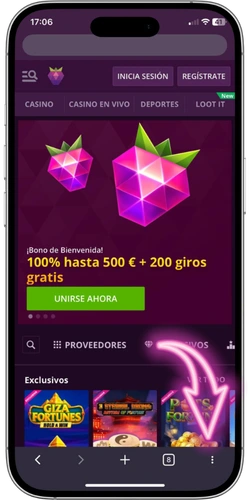 Malina Casino app - pantalla del navegador con el menú de tres puntos abierto