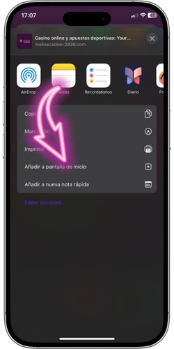 Malina Casino app download - opción de añadir a pantalla de inicio en el menú