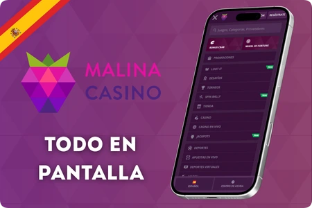 Malina Casino app - secciones de juegos, apuestas y gestión de cuenta en el teléfono