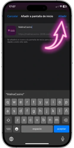 Aplicación Malina Casino - campo para introducir el nombre del icono en el dispositivo