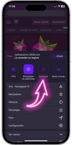 Malina Casino aplicación móvil - ventana con el botón de compartir seleccionado