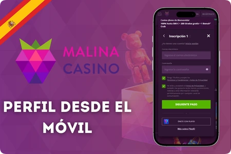 Malina Casino app - formulario de registro e inicio de sesión en la versión móvil