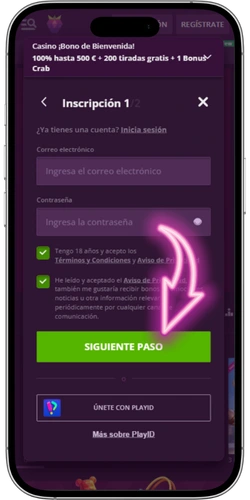 Malina Casino primer paso del formulario con correo y contraseña