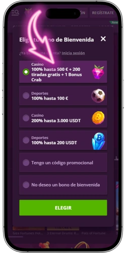 Malina Casino ventana de selección de bono de bienvenida