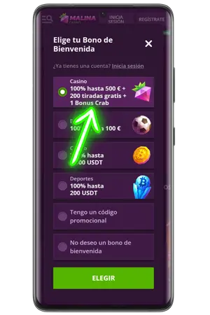 Antes de registro Malina Casino, selecciona un bono.
