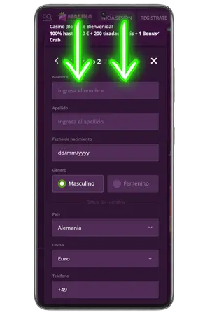 Para registro Malina Casino, introduce tus datos personales.